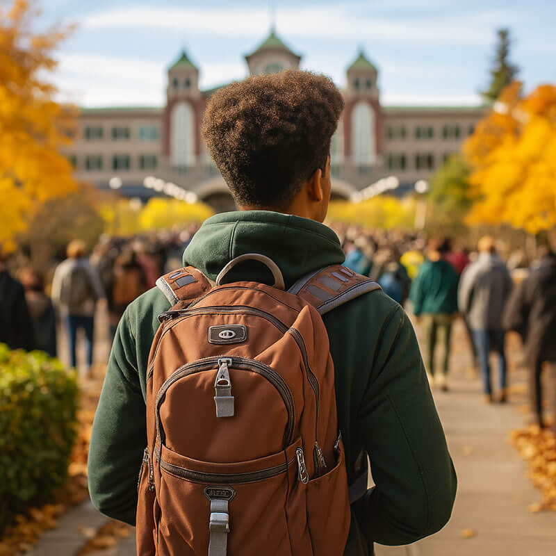 A college student walking to class