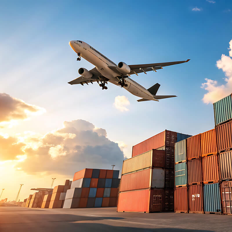 A jet flying over containers stored at a port
