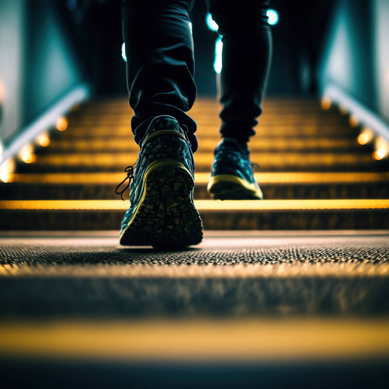 A closeup of a person walking up stairs.
