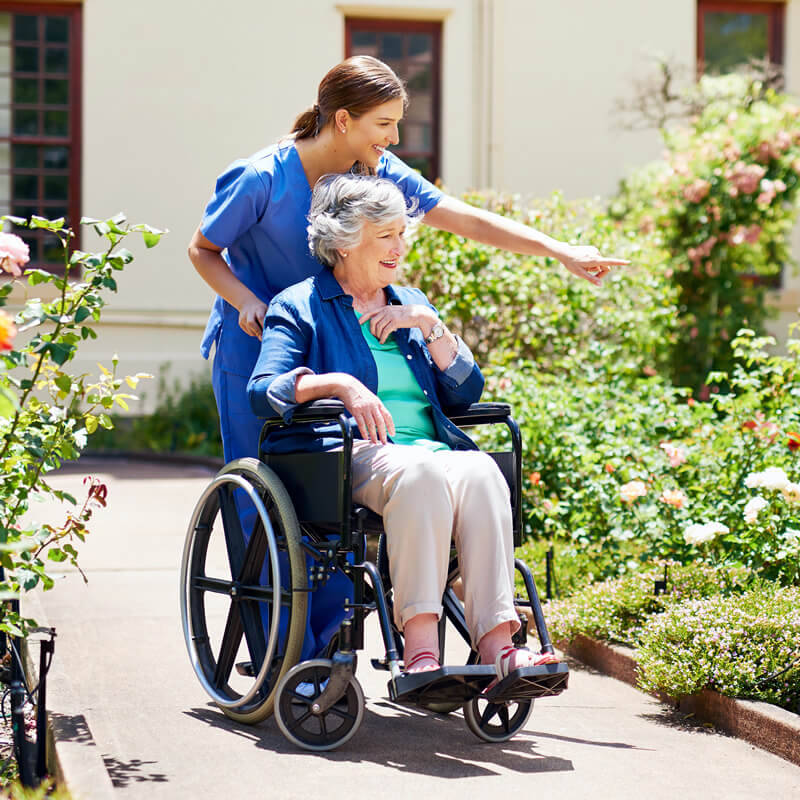 An elderly woman in a wheelchair looking at the garden.