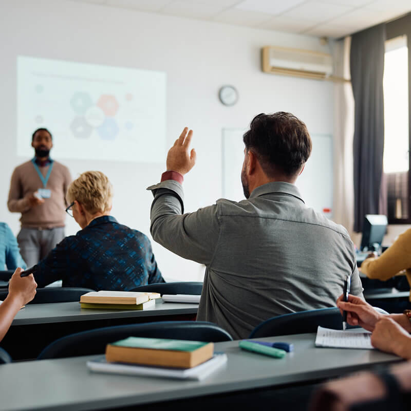 A student raises his hand in a classroom