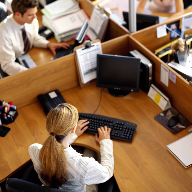 View looking down into four office cubicles with employees working.