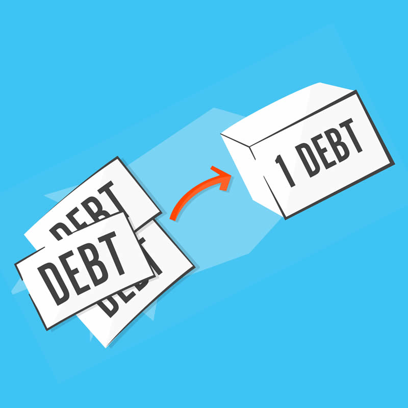 Blue background with 3 sheets with DEBT on them, red arrow pointing to white cube 