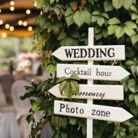 A sign pointing to different wedding events.