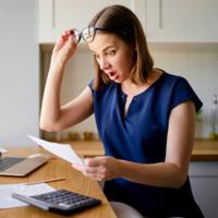 A woman is surprised by a bill.