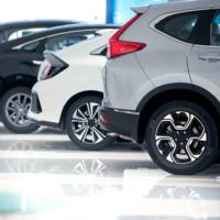 New cars in a showroom.