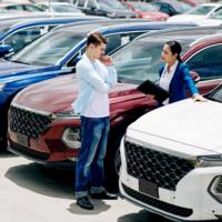 A person shopping for a new car with a salesperson.