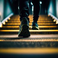 A closeup of a person walking up stairs.