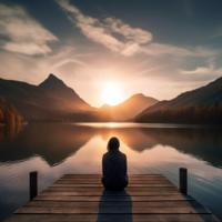 A person looking into the sunset by a lake.