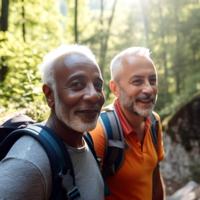 Two middle aged men hiking in the woods.