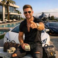 A get rich quick influencer with cash, cars, and a helecopter